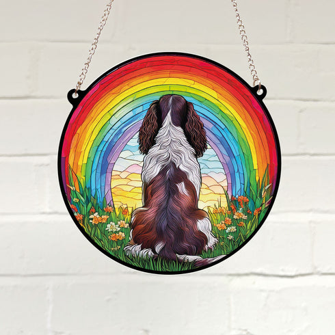 Springer Spaniel Dark Brown & White Rainbow Bridge Stained Glass Effect Suncatcher